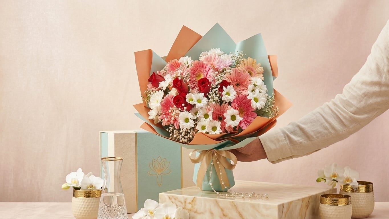 Beyaz Papatya Pembe Gerbera Ve Kırmızı Gül Arajmanı